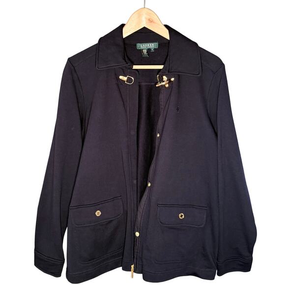 Lauren Ralph Lauren Jacket Gold Clasp 100% Cotton Navy Blue Womens L Classic - Picture 2 of 13